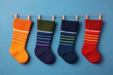 Four colorful knitted socks hanging on a line.
