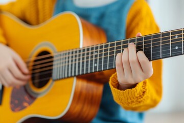 Fototapeta premium Close-up of a child playing an acoustic guitar, wearing a yellow jacket.