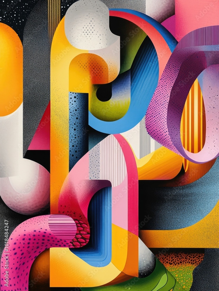 Poster surreal and dynamic typography poster featuring bold twisting letters and shapes in a vibrant colorf