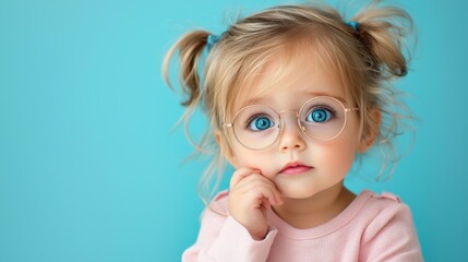 A cute child wearing large round glasses, looking surprised in black and white.