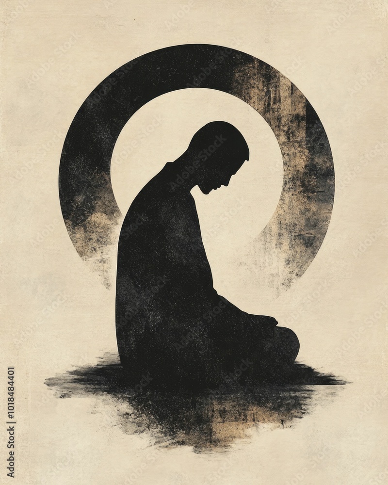 Poster minimalist abstract poster featuring a single human figure silhouette surrounded by soft symbolic ge