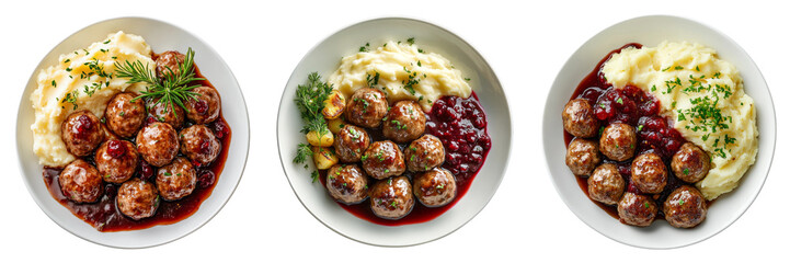 Swedish meatballs isolated on a transparent background perfect for food-themed illustrations or culinary designs.