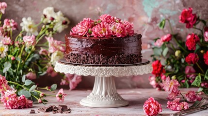 A beautifully decorated chocolate cake adorned with pink flowers, perfect for celebrations and special occasions.