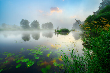 Beautiful foggy morning over the river banks