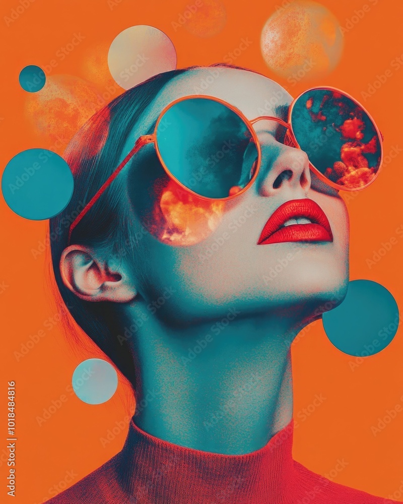 Poster surreal eye catching pop art portrait with floating symbolic elements dreamlike features and vibrant