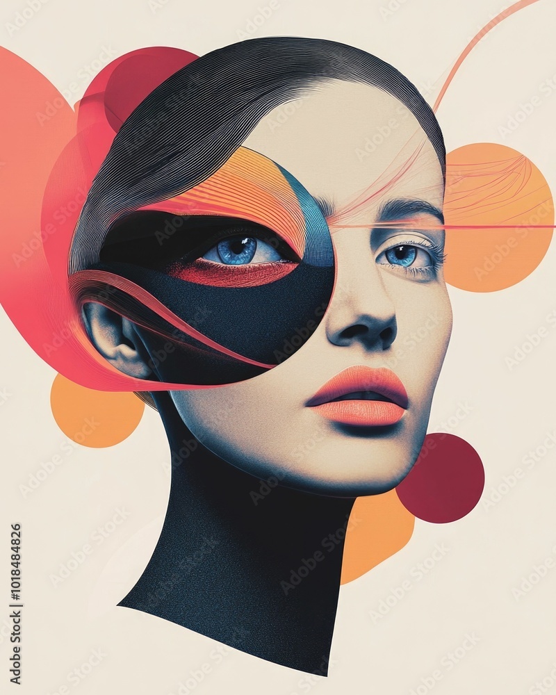 Poster surreal and dreamlike portrait poster featuring floating symbolic elements pop art colors and a mini