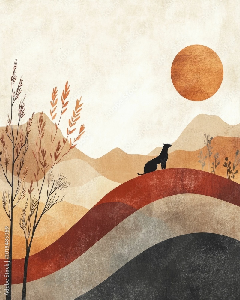 Poster peaceful minimalist landscape scene with abstract animal silhouette shapes and geometric patterns in