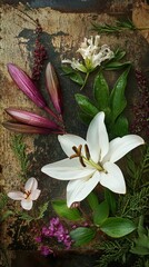 Fototapeta premium White Lily and Purple Flowers Still Life Photography