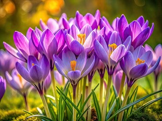 Amidst a serene green backdrop, stunning purple blooms of the autumn crocus flourish, showcasing...