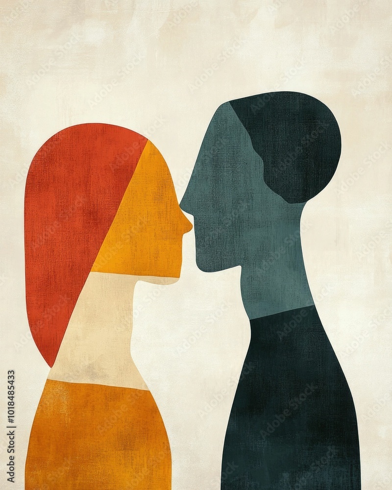 Poster minimalist geometric poster featuring abstract human forms and symbolic shapes in a clean modern com
