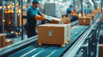 Fototapeta premium A busy warehouse with packages moving along a conveyor belt, showcasing modern logistics and efficient material handling processes.