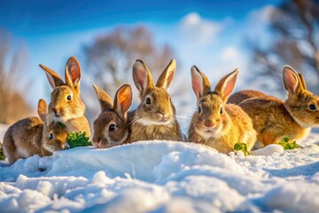 Fototapeta premium Amidst a snowy landscape, lively rabbits dart playfully, foraging beneath a blanket of snow, their fluffy tails bobbing as they uncover hidden morsels and frosty delights.