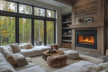 inviting living room with crackling fireplace plush sofa and rustic coffee table warm lighting cozy textures large windows framing nature view neutral color palette
