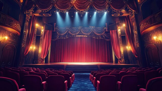 A captivating theater stage with bright lights, red curtains, and elegant decor, ready for a spectacular performance.