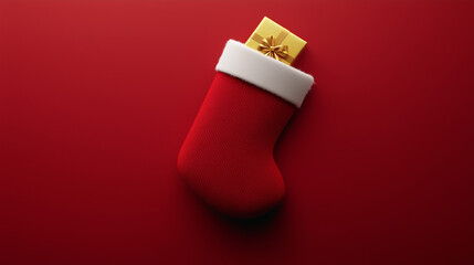 A red stocking with a gold wrapped gift inside