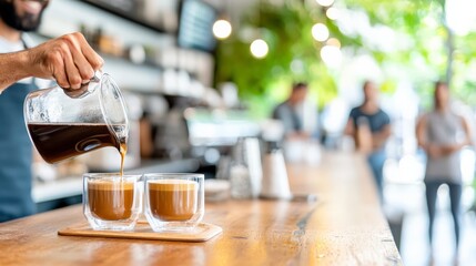 Barista pouring freshly brewed coffee into glass cups in a modern cafe.