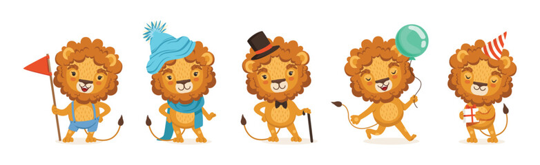 Cute Lion Character with Orange Mane and Tail Vector Set