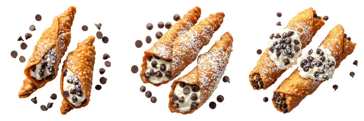 Cannoli pastry with chocolate chips isolated on a transparent background perfect for food-themed illustrations or Italian cuisine designs.