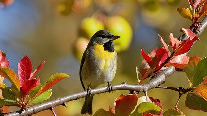 Autumn bird chirping on a branch of an apple tree, surrounded by red apples and colorful autumn foliage in a crisp 4K image.