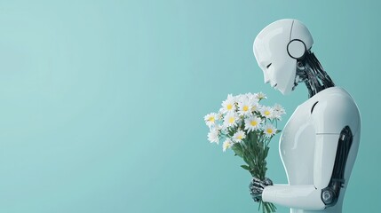 A white robot holding a bouquet of daisies against a soft blue background, symbolizing the fusion of technology and nature.