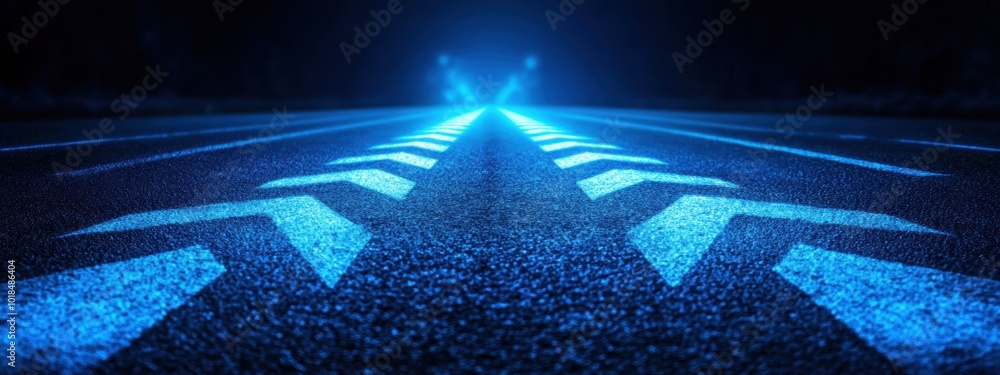 Poster abstract blue chevron road signs aligned in a neat pattern, glowing softly against a dark backdrop, 