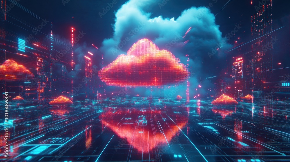 Poster futuristic digital landscape showing cloud technology structure and data flow, ai generated image