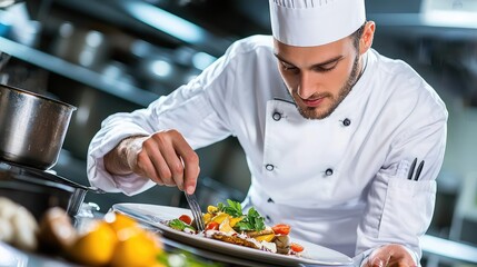 A chef meticulously plating a gourmet dish in a professional kitchen, showcasing culinary skills and attention to detail.