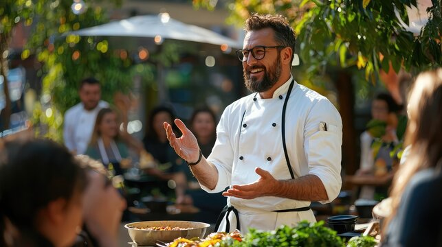 A chef passionately explains culinary techniques to an engaged audience in an outdoor setting, surrounded by fresh ingredients.