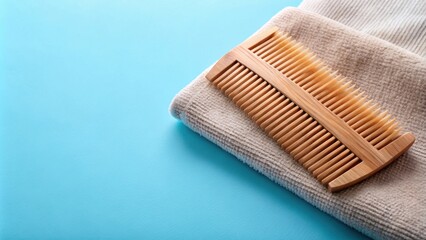 Extreme close-up of a wooden comb and a properly folded towel on a sky blue background, wooden comb, towel