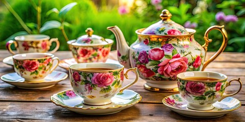 An elegant vintage tea set beautifully displayed on a rustic table, highlighted by floral patterns and intricate porcelain designs, exudes a quaint, nostalgic charm.