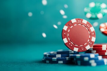 A close-up view of a red poker chip spinning mid-air, with a blurred stack of poker chips in the background, set on a green table.
