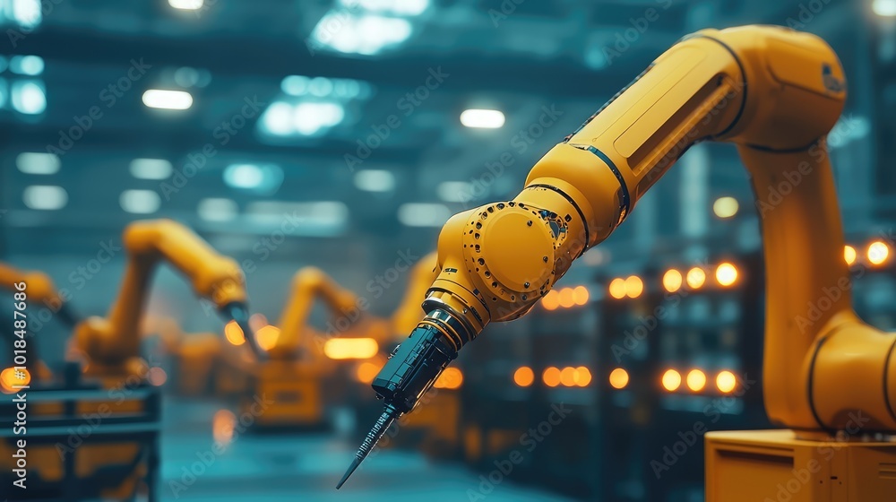Poster a close-up of a robotic arm in a modern factory setting, showcasing advanced automation technology a