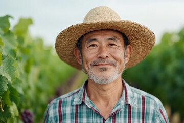 Fototapeta premium A grape farmer proudly holding a basket of freshly harvested grapes in a greenhouse, surrounded by grapevines in the background.
