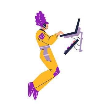 Vector illustration of a female astronaut working with a laptop in zero gravity.