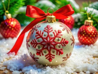 Enchanting holiday snow globe ornament featuring glittery snowflakes and a cheerful red ribbon, perfect for enhancing your festive decorations or as a thoughtful gift.