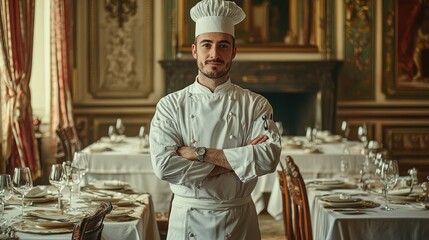 A confident chef stands proudly in an elegant dining room, showcasing culinary expertise and a passion for fine dining.