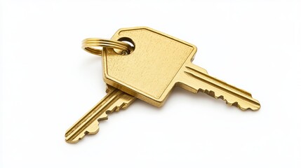 Isolated on a white background, a pair of house keys with a gold metal keyring fashioned like a house. 