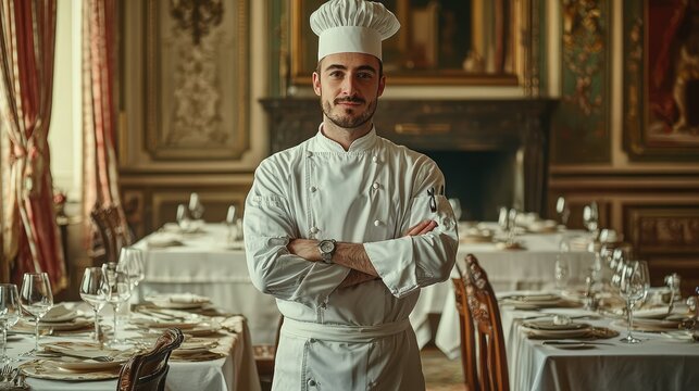 A confident chef stands proudly in an elegant dining room, showcasing culinary expertise and a passion for fine dining.