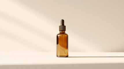 A bottle of lotion or other beauty product sits on a plain, light background, leaving room for text.