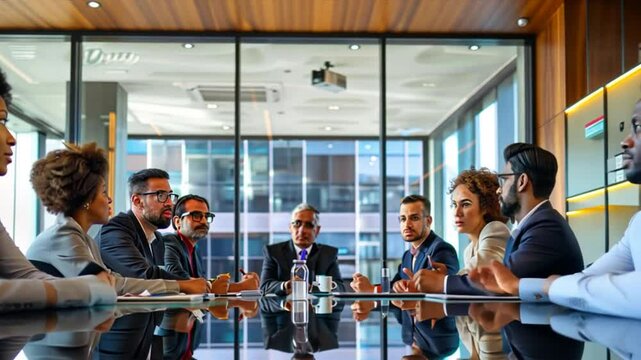 A corporate boardroom with equal representation of men and women leading a business meeting.