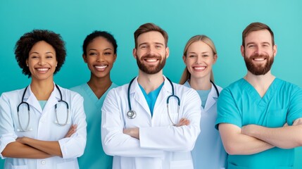 Fototapeta premium A group of smiling healthcare professionals standing confidently in blue and green scrubs against a blue background.