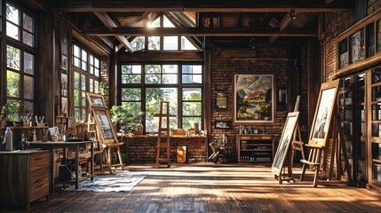 A cozy art studio filled with natural light, featuring easels, paints, and vibrant artwork, perfect for creativity and inspiration.
