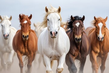 Obraz premium A group of multicolored horses galloping freely through a green open field.