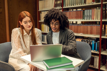 Two students discussing project while working together in the library