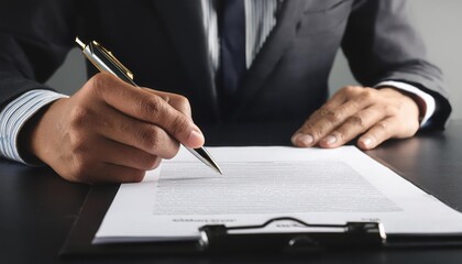 Businessman signing document in formal attire, white isolate background