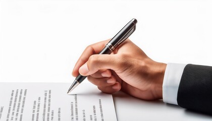 Hand holding pen over document, white isolated background