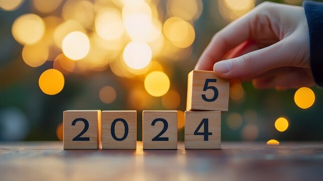Happy new year 2025 wooden blocks set against bokeh glowing light background wallpaper