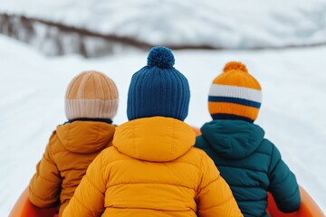 Three smiling children bundled up in winter coats and hats, standing outside in the snow.