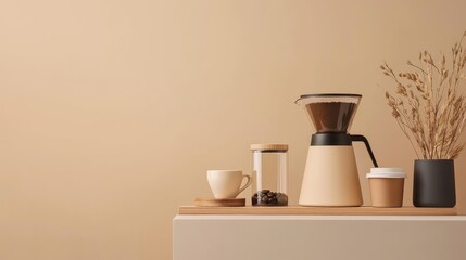 A cozy coffee setup featuring a brewer, cups, and decorative elements, perfect for coffee lovers and home decor enthusiasts.