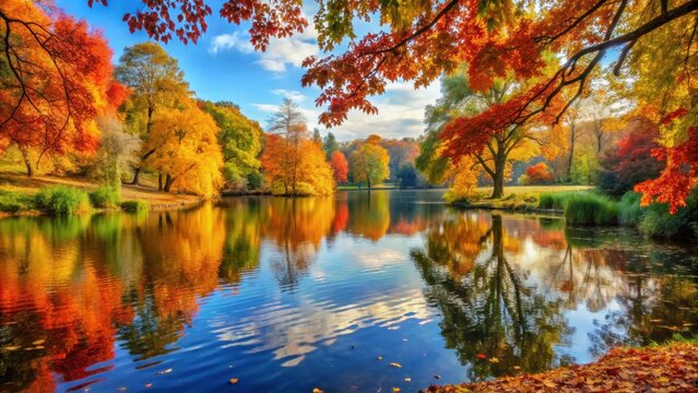 Beautiful autumn scenery in park with colorful leaves, peaceful lake, and reflections of trees , autumn, park, scenery
